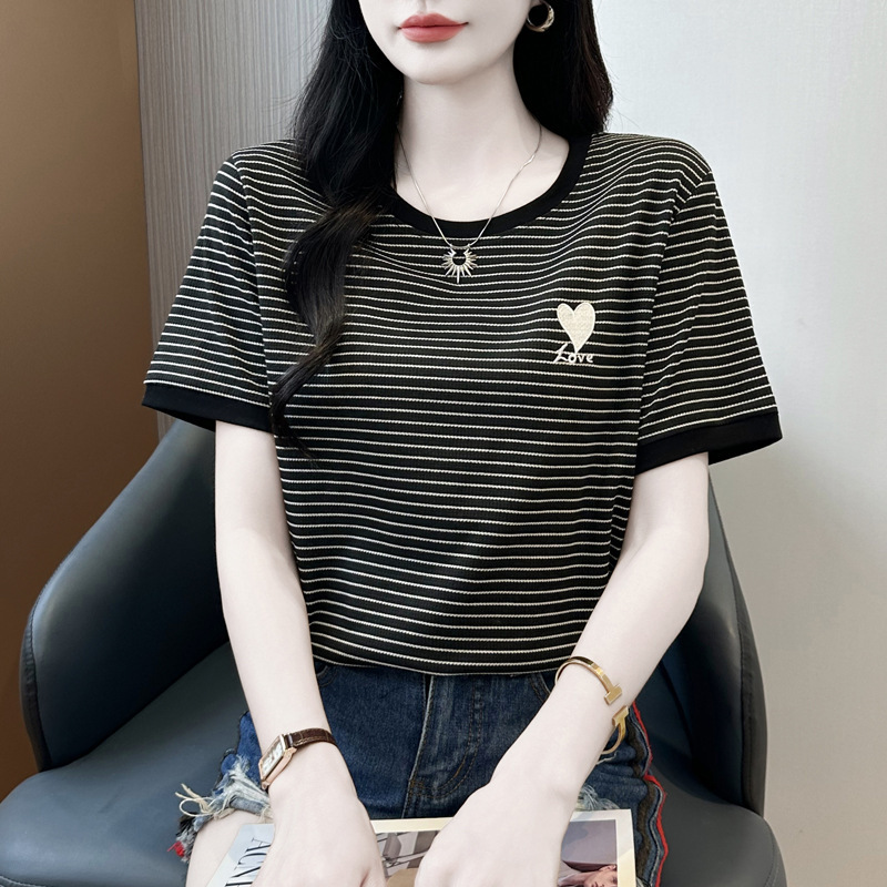 204~条纹刺绣2025夏季新款圆领上衣女图案短袖T恤|undefined