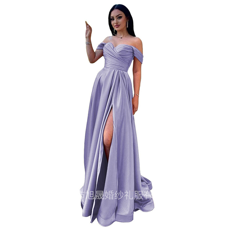 European and American Cross-Border New Style Off-Shoulder Strapless Evening Dress with Train for Wedding Hosting and Performance, Slimming Satin Slit Dress