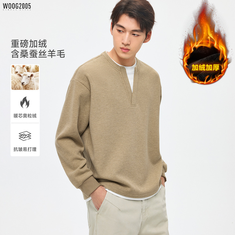 Mulberry Silk Wool Fleece-Lined Thickeneded Fake Two-Piece Henry Collar Sweatshirt for Men 2025 Autumn and Winter New Round Neck Top