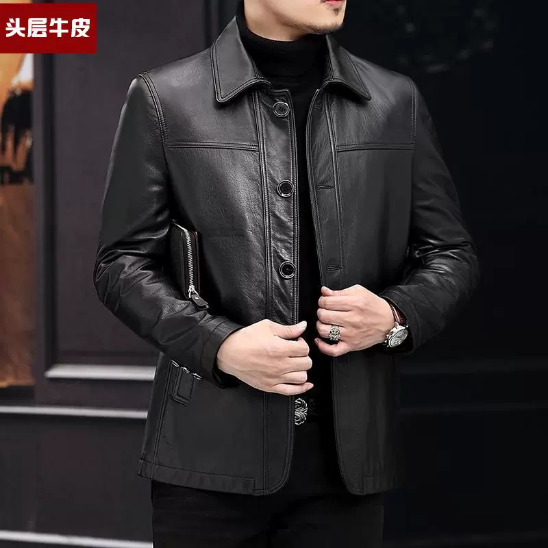 高档100%真皮皮衣男士头层牛皮翻领中长款商务外套爸爸秋冬装海宁