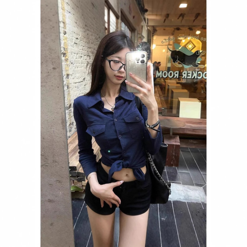 Temperament Pure Lust Style Sexy Lapel Long-Sleeved Shirt for Women Early Spring Slim Waist Strap Shirt White Cardigan Top