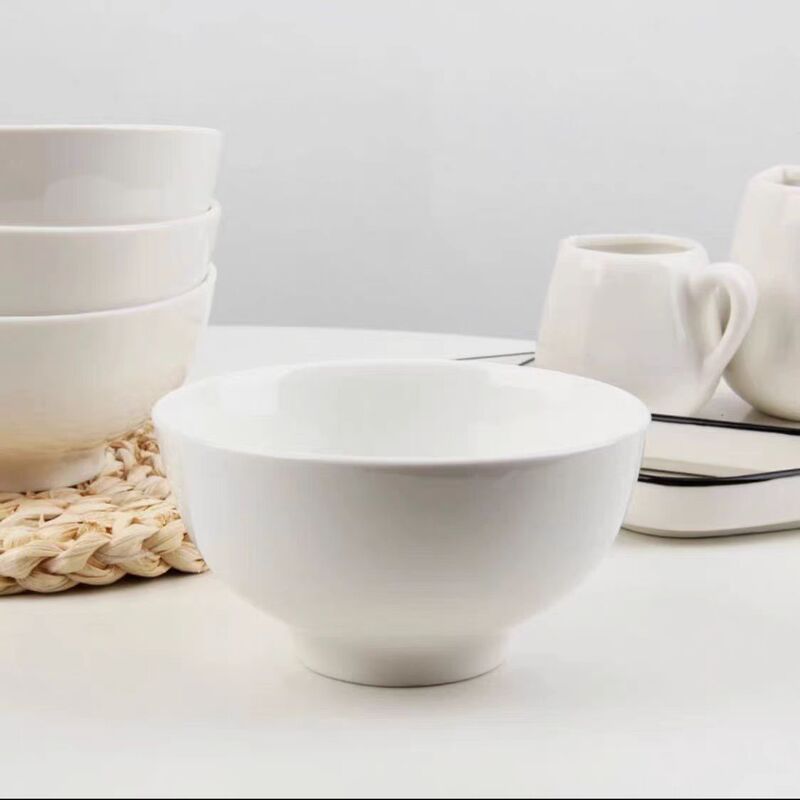 Simple Pure White Ceramic Rice Bowl Tableware for Home Use, Rice Bowl, Noodle Bowl, Soup Bowl, Promotional Bundle Salad Bowl