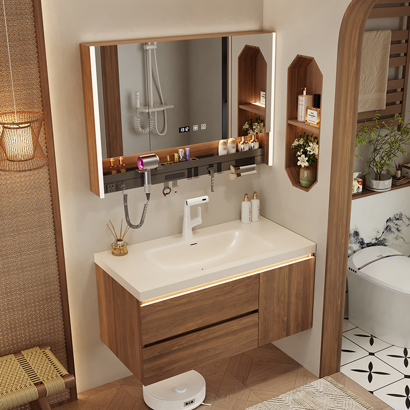 Walnut-Colored Vintage-Style Curved Bathroom Cabinet Set with Integrated Quartz Stone Washbasin