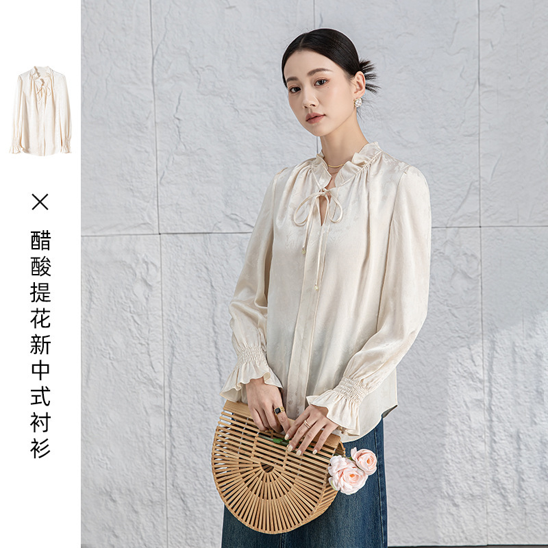 New Chinoiserie Acetate Jacquard Shirt for Women 2025 New Lace Lace V Neck Soft and Smooth Elegant Slimming Look Top