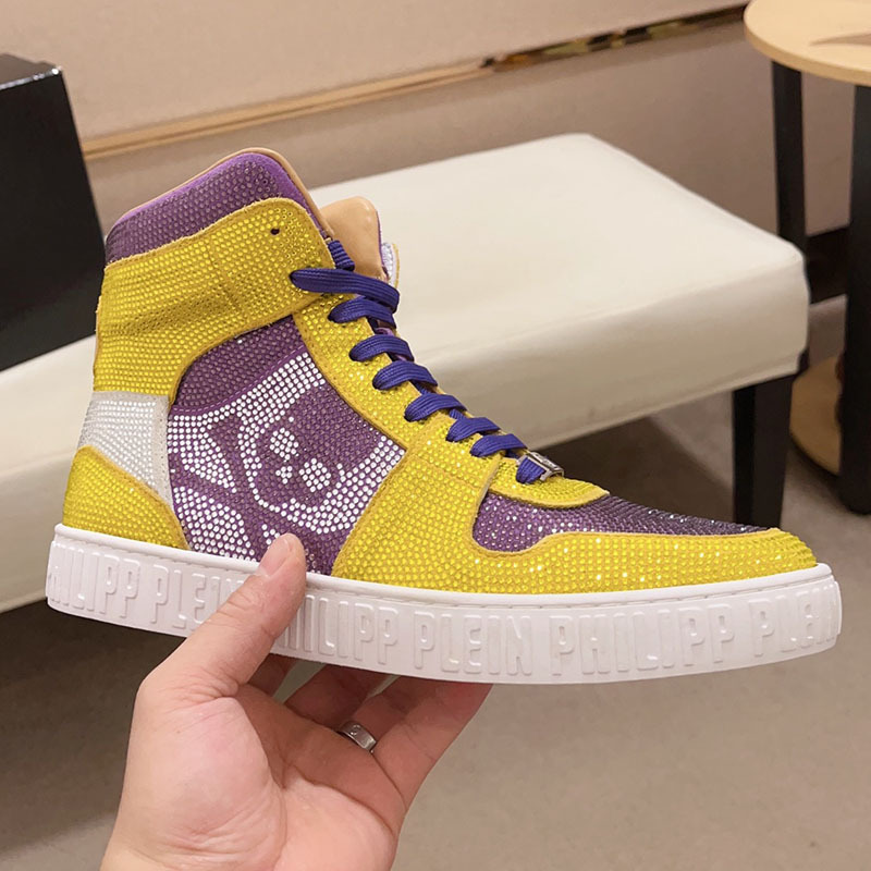 Men's High-Top Shoes with Rhinestones, Light Luxury Cowhide, High-End Fashion, High-End Trendy Sneakers, European Station New Martin Shoes for Men