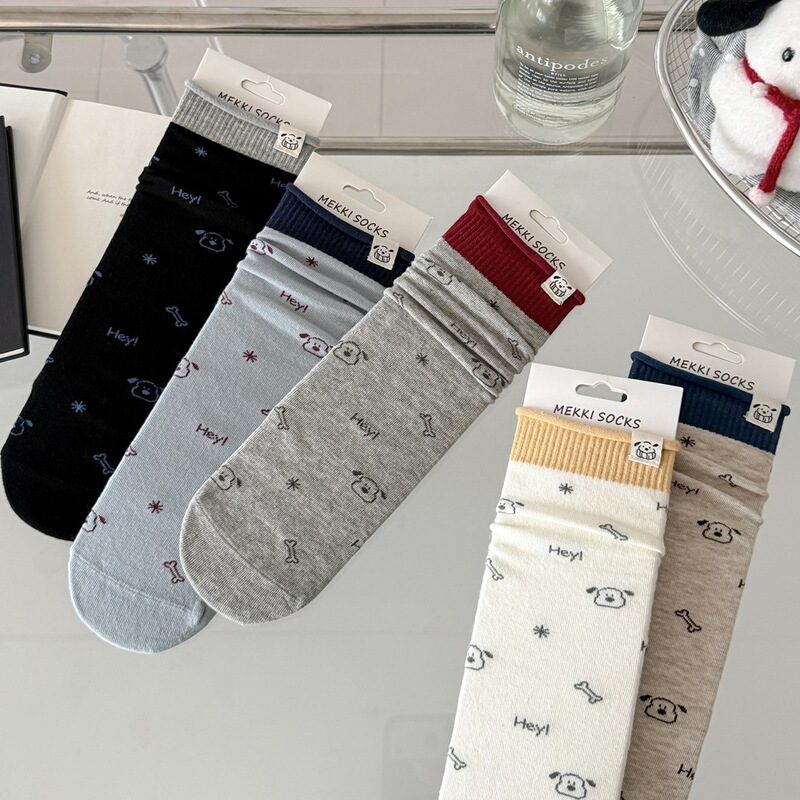 Women's autumn and winter mid-calf socks, fresh and simple Japanese-style cartoon puppy design, Korean-style slouch socks, seamless cotton socks for women