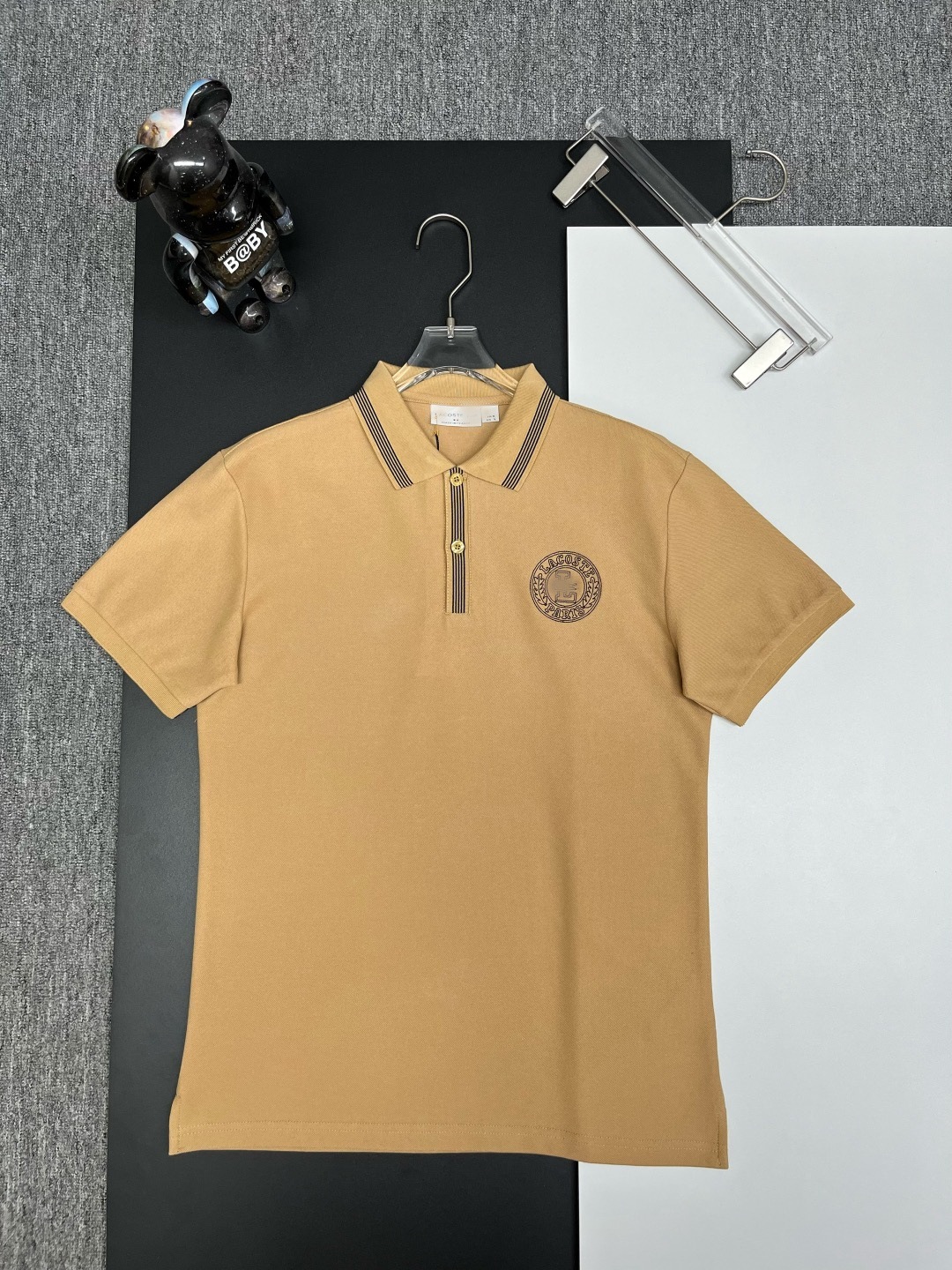 Lacoste Shirt Striped Collar Paris Crest Tan