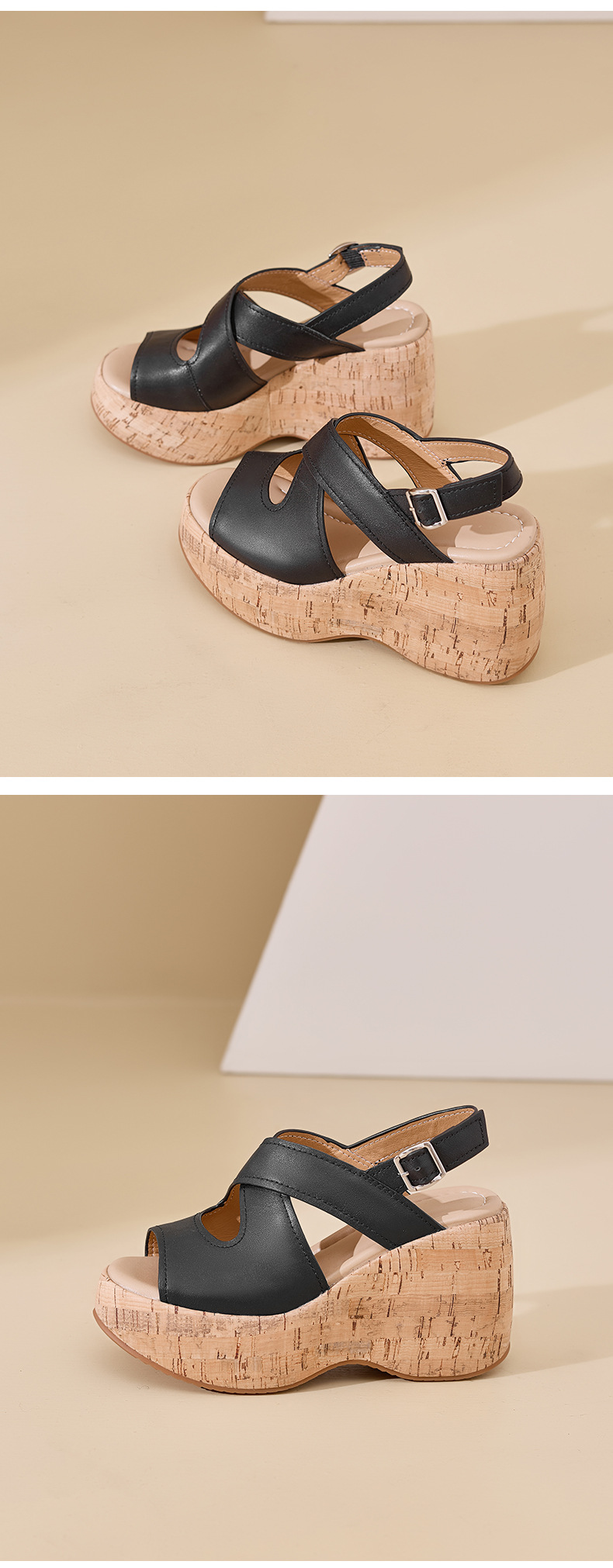Sandal cao gót nữ hở mũi đế xuồng platform da bò thật quai chéo kiểu La Mã — màu đen, màu nâu nhạt chi tiết 12