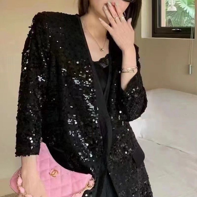 欧货气质名媛亮片西装外套女2025春秋新款闪闪上衣正肩西服|undefined
