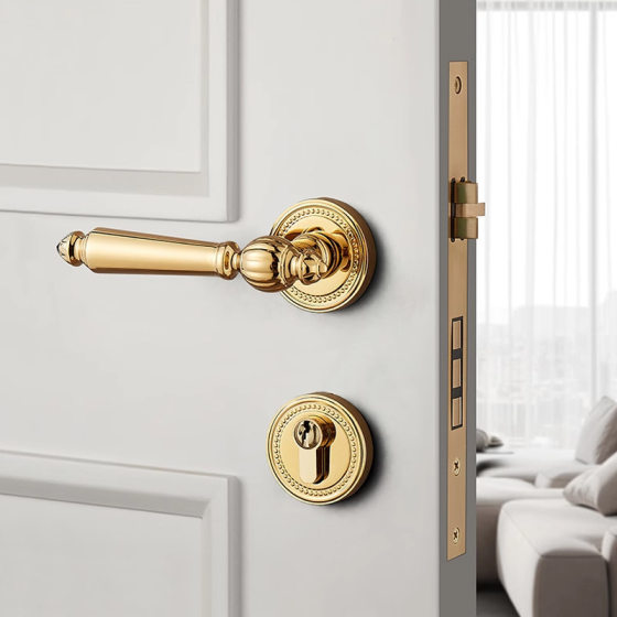 Yellow bronze bedroom door lock indoor French retro door handle room wooden door lock magnetic suction mute split room