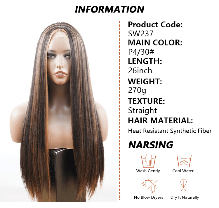 Synthetic wig Front lace split color long hair straight elastic mesh wigs_voghion.com