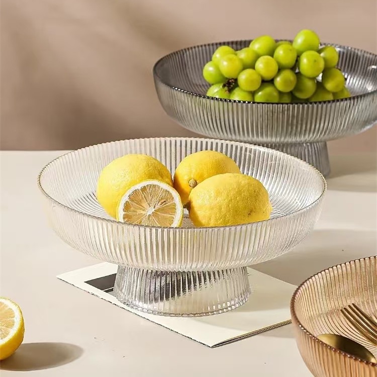 Plato de fruta alto de vidrio de lujo ligero, sala de estar para el hogar, plato de fruta exquisito, bandeja de refrigerio de alta calidad, vajilla al por mayor