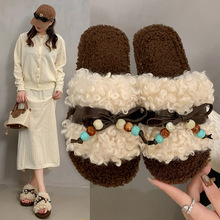 跨境秋冬设计感卷毛毛拖鞋女时尚新款软底轻便珠子配饰居家棉拖鞋