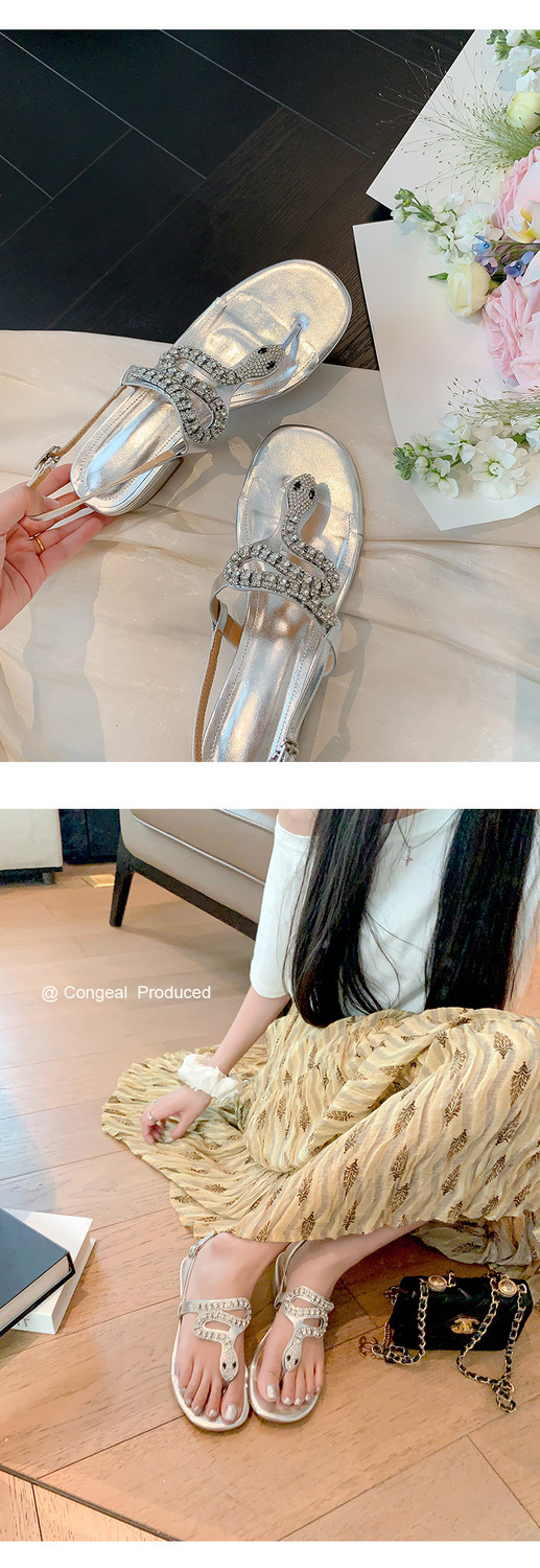 Dép xỏ ngón nữ da thật gót trung dày hở ngón phong cách Pháp đính đá rhinestone — Màu bạc chi tiết 8