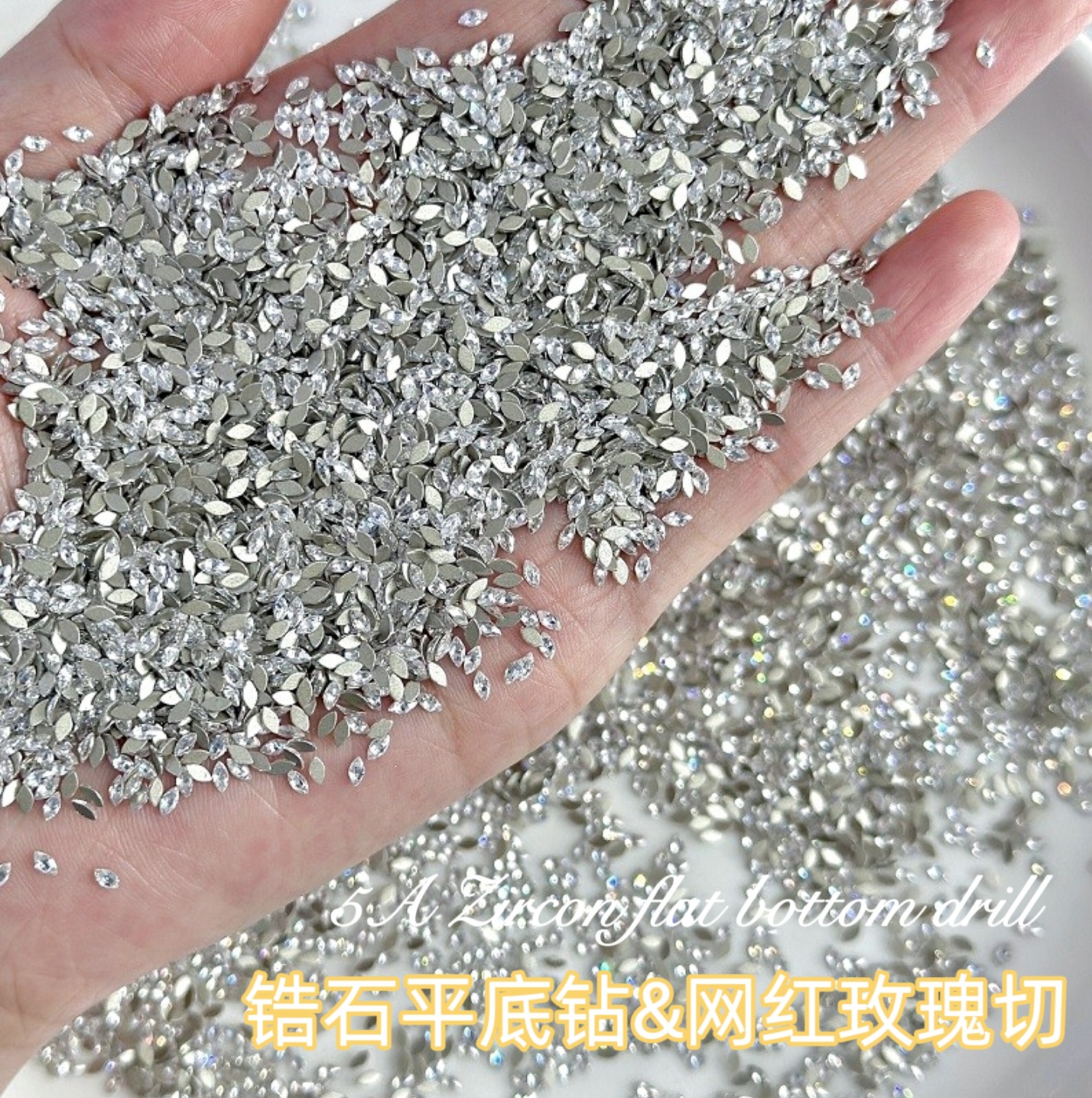 5A mini fondo plano, borde invertido, accesorios de uñas de circón, copo de nieve intermitente, ojos de caballo en forma de diamante, accesorios de uñas de diamantes de circón