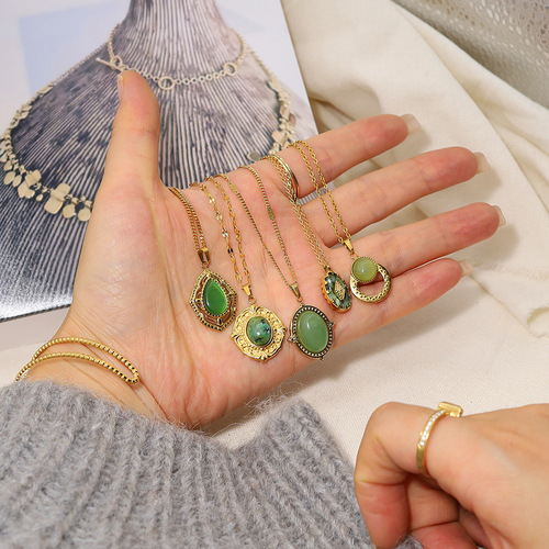 欧美INS轻奢风椭圆天然石吊坠项链18K镀金钛钢锁骨链外贸项饰批发