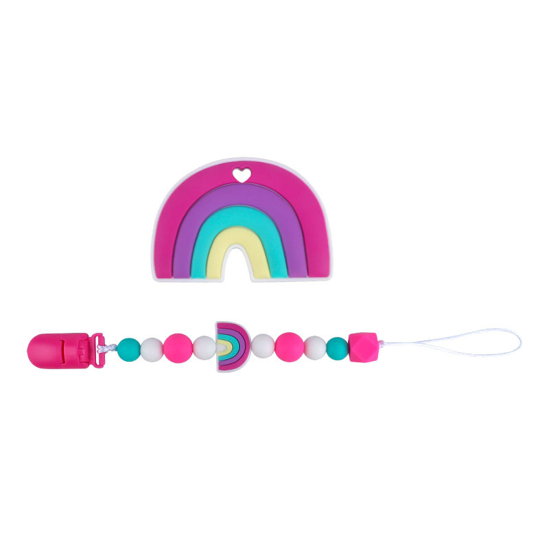 Nuevo bebé dibujos animados colorido rojo silicona teether palo pezón cadena anti-gota cadena juguete teether traje