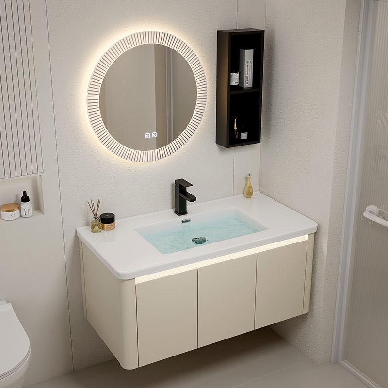 Space Aluminum Bathroom Cabinet Combination Ceramic Integrated Wash Basin Wash Basin Sink Mirror Cabinet Sensor Light Design