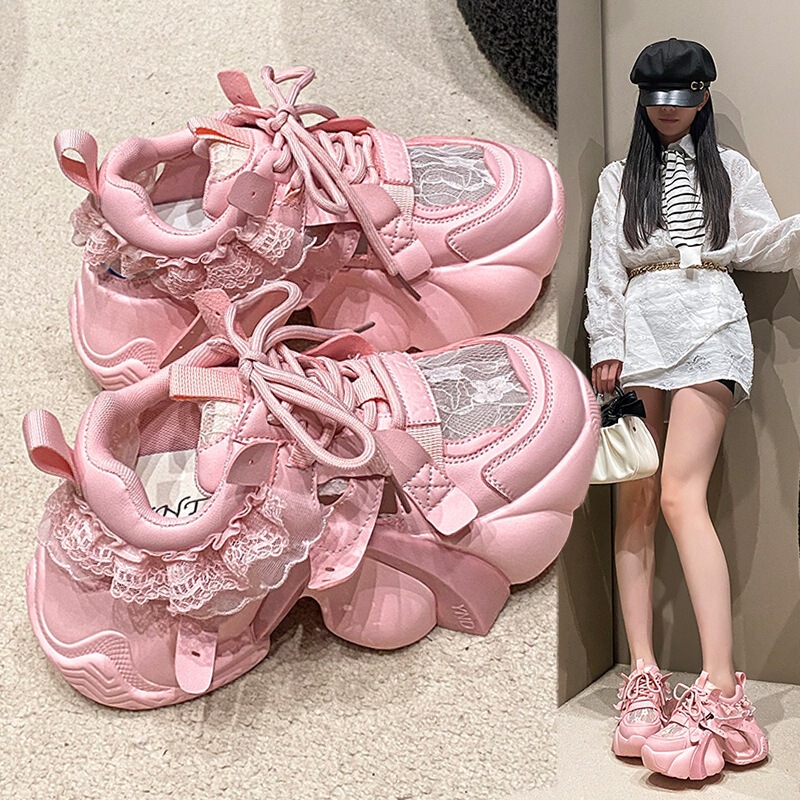 Trendy Versatile Casual Pink Lace Dad Sneakers for Women 2026 Summer New Thick-Soled Height-Increasing Breathable Shoes