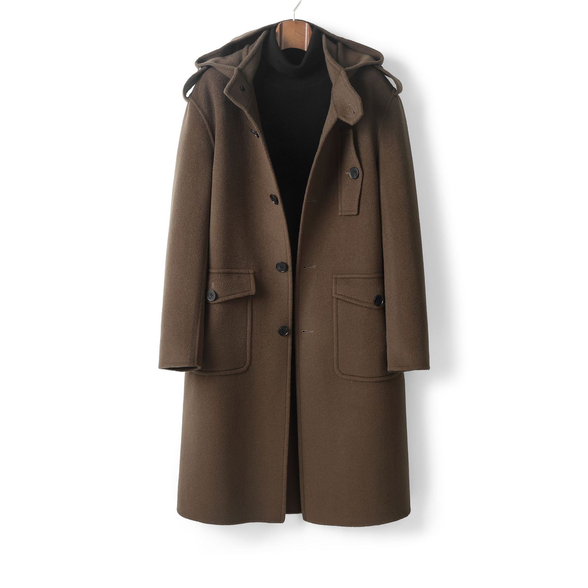 100% 순모 양면 모직 코트 남성용 롱 후드 한국 스타일 캐시미어 없는 모직 코트 트렌디한 중간 길이