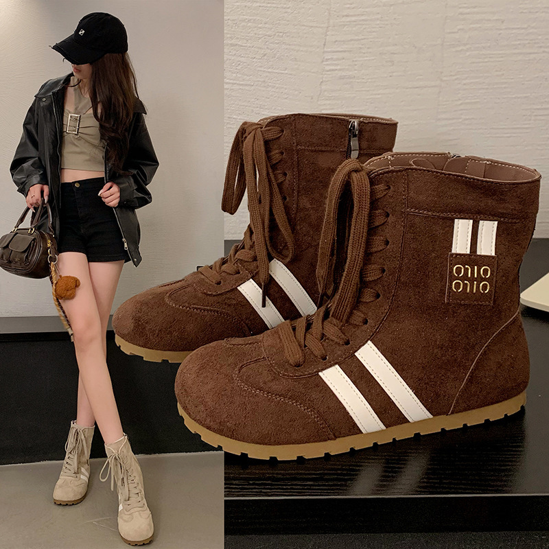 高帮平底拳击德训鞋女2025新款圆头百搭休闲鞋内增高马丁靴短筒靴|undefined