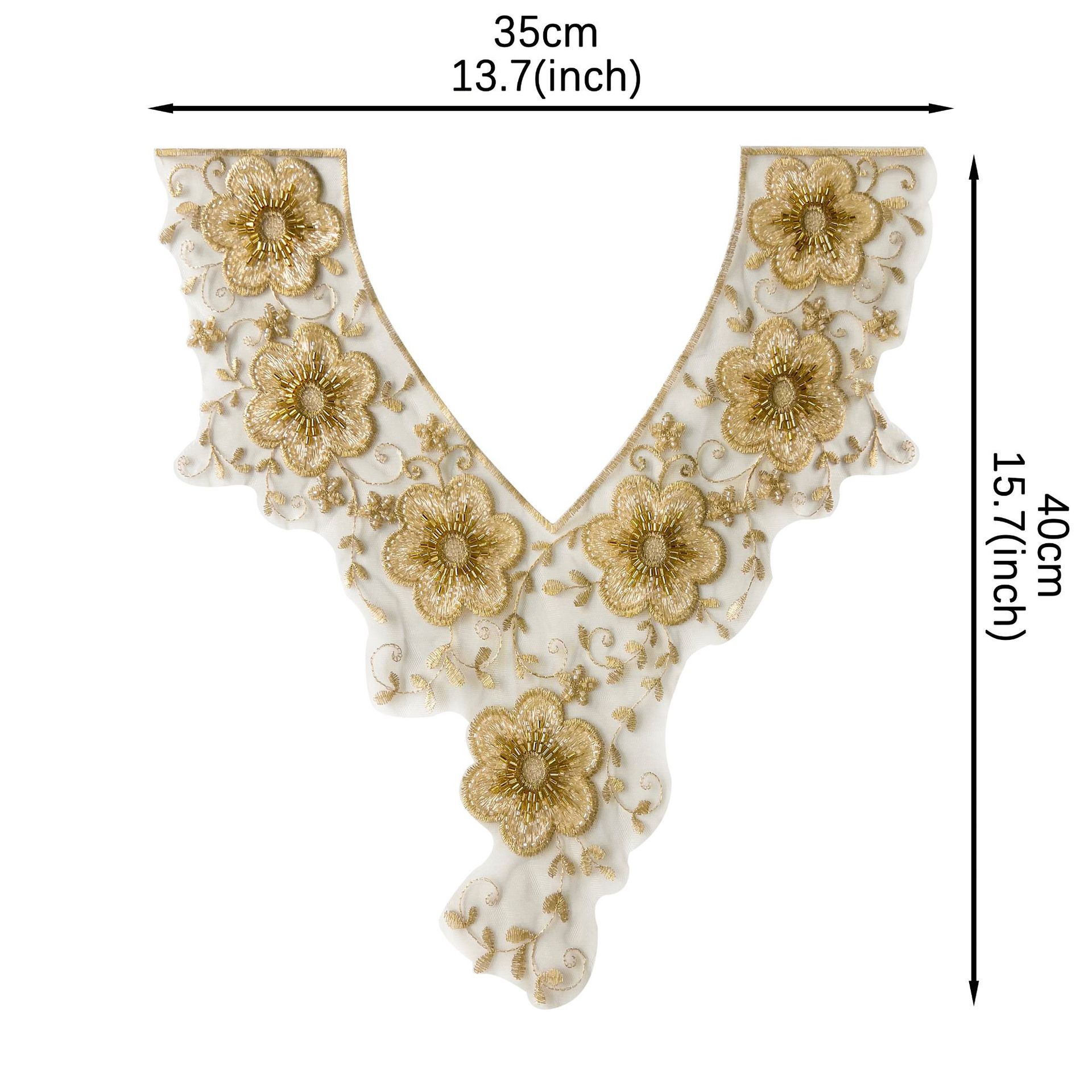 Base blanca con decoración de cuello bordado con flores doradas, diseño de patrón tridimensional europeo y americano, accesorios de ropa DIY.