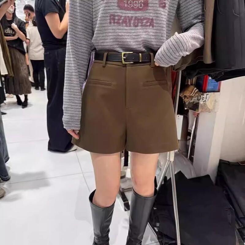 Brown Woolen Shorts for Women 2025 Autumn and Winter New High-Waisted Large Size Casual Fashion Hip-Covering Wide-Leg Shorts for Small People