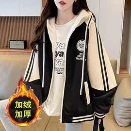 女童加绒外套棒球服运动秋冬季2025新款儿童夹克女孩连帽上衣冬装