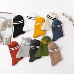 襪子純色全棉男女士中筒 情侶精梳棉條紋襪子男 復古二槓襪子批發