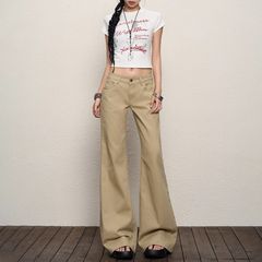 卡其色微喇牛仔裤女新款夏季美式辣妹低腰显瘦宽松垂感拖地裤批发