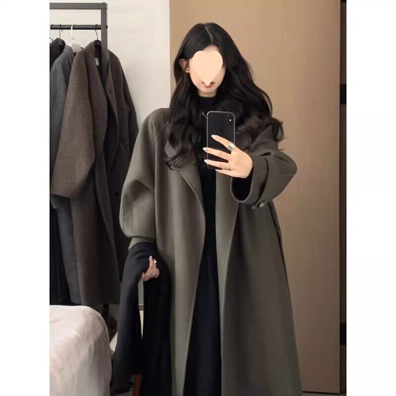 深灰色羊绒质感毛呢外套女春秋韩系大码高级感小个子赫本风呢大衣|undefined