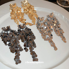 Silver Needle U-Shaped Cluster Sequin Long Tassel Earrings, European & American Heavy Metal Style, High-End Elegant Ear Drops, Wholesale for Women