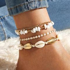 跨境時尚沙灘度假風腳鏈貝殼碎石串珠編織繩疊戴式腳鏈四件套女