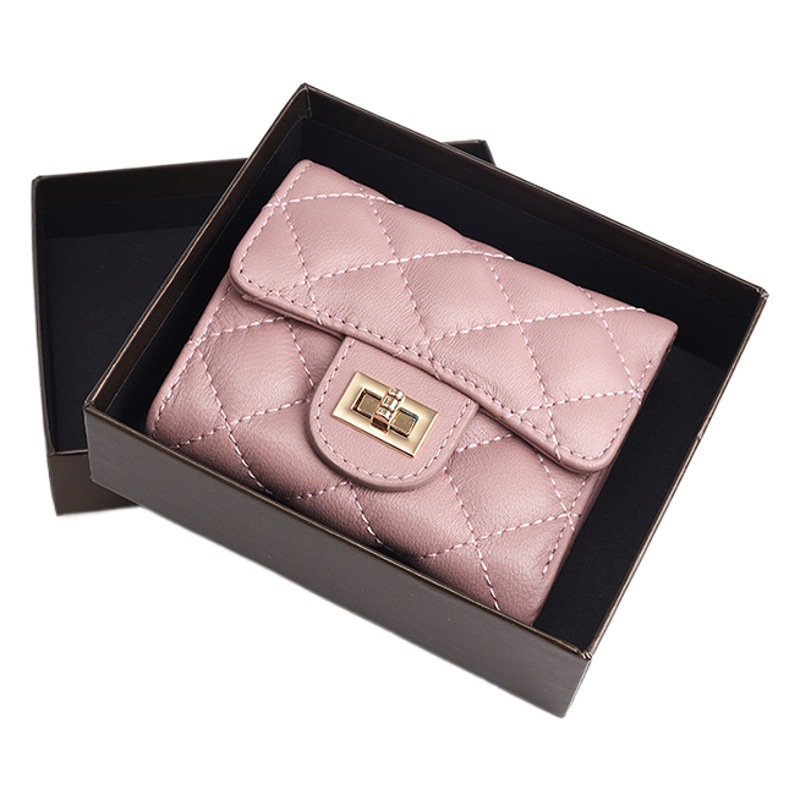 Cartera pequeña estilo Chanel para mujer, monedero corto, cartera de cuero acolchada simple, cartera de piel de oveja de gran capacidad, tarjetero de cuero genuino.