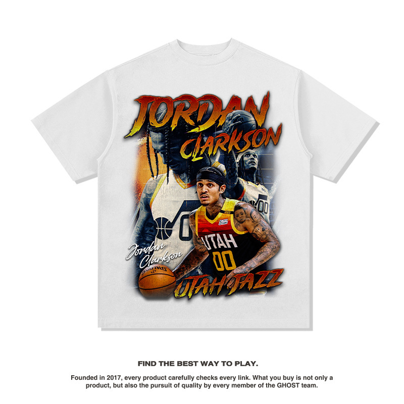 Clarkson American Star camiseta callejera hip-hop marca de tendencia impresión retro hacer viejo lavado pesado cuello redondo manga corta
