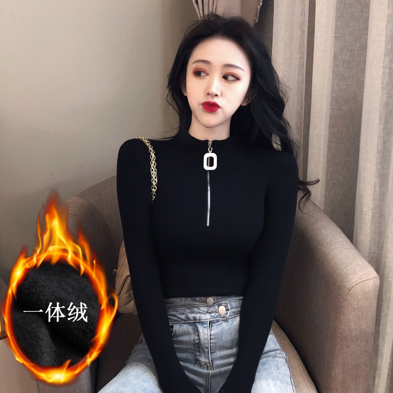 加厚一体绒针织衫女半高领拉链长袖打底毛衣女式保暖打底衣
