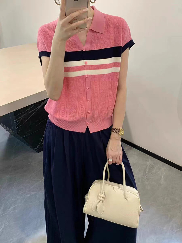 濮院羊毛衫工厂浮雕短袖高品质上衣polo领拼色条纹针织毛衣女装|undefined