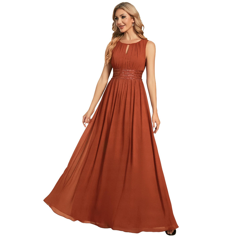 European and American Style Chiffon Sleeve Bridesmaid Dress with Ruffles, A-line Hollow Out Round Neck Formal Wedding Guest Dress for Women
