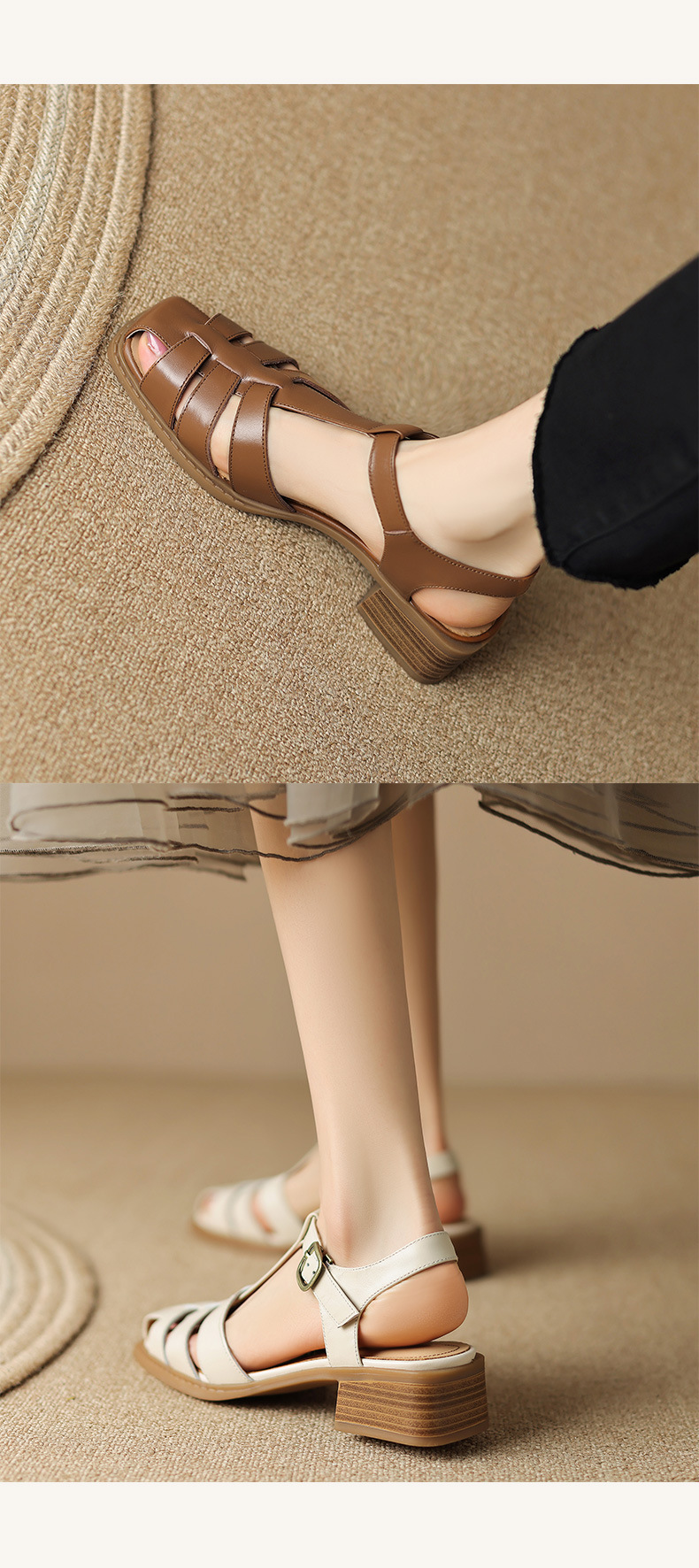 Sandal bít mũi dệt cổ điển nữ quai chữ T gót thấp da bò — Màu nâu đậm chi tiết 9