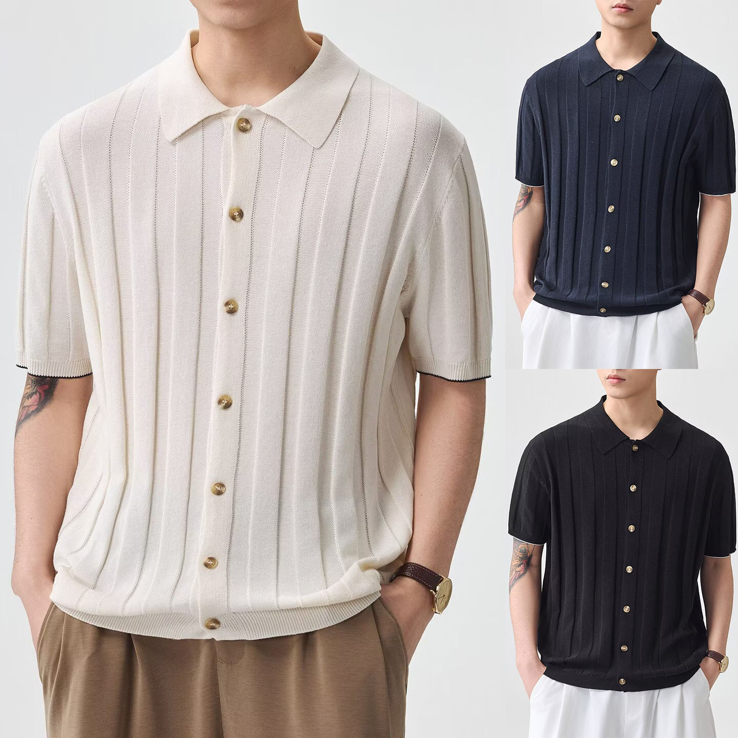 Polo camiseta camiseta de punto camiseta de manga corta camiseta de hombre cardigan con solapa a rayas verticales viejos negocios de verano fábrica transfronteriza al por mayor