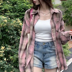 美式粉色格子衬衫女春秋新款幂式风polo领宽松长袖设计感上衣外套