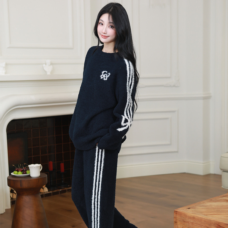 冬季新品半边绒藏青蝴蝶结睡衣女软绵绵加厚保暖珊瑚绒家居服套装|undefined