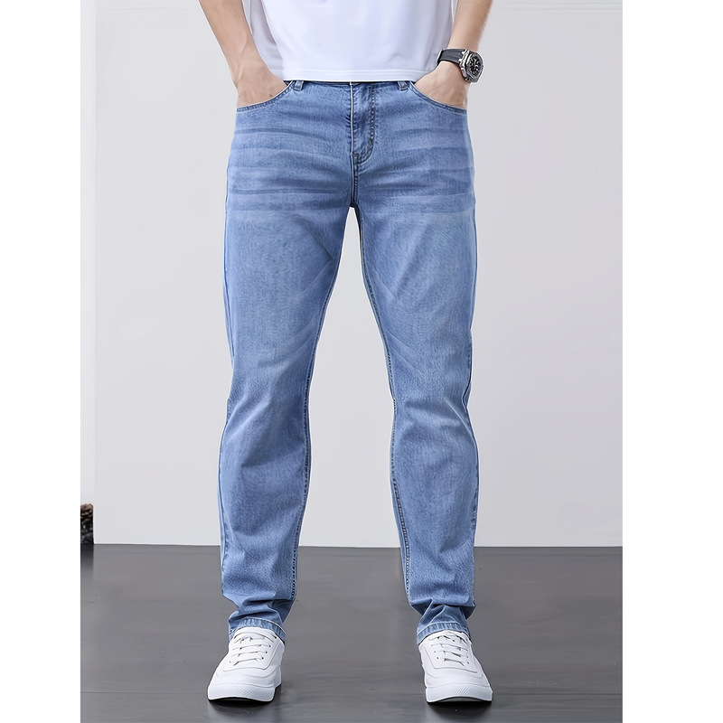 Aliexpress Amazon Light Blue Jeans Men's Lightweight Stretch Denim Slim Straight-Leg Jeans Men's Pants