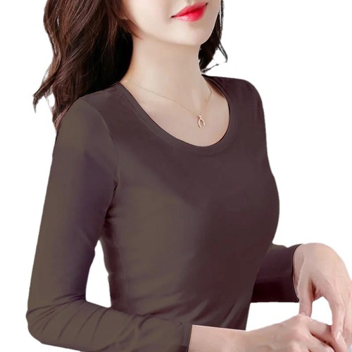 Solid-color autumn base shirt for women, long-sleeve T-shirt—spring/fall tight-fitting top with a crew neck, slim-fit design, and stretchy Korean-style inner layer.