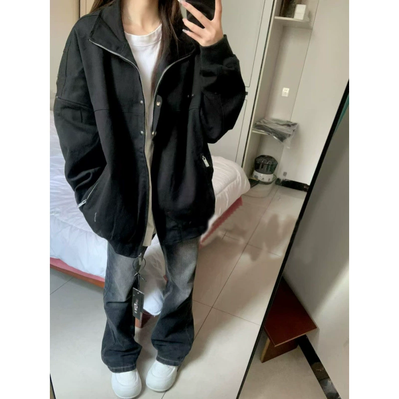 Американская ретро-рабочая одежда с воротником-стойкой для женщин, весенне-осенний дизайн, свободная, молодая, повседневная пара, многослойная куртка для верхней одежды