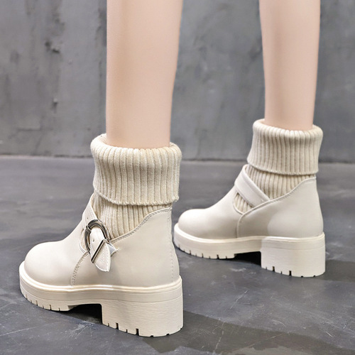 New Autumn and Winter Martin Boots with Thick Sole, Chunky Heel, Knitted Mouth, Elastic Short Boots, High Heels, Two-Wear Chelsea Boots for Women