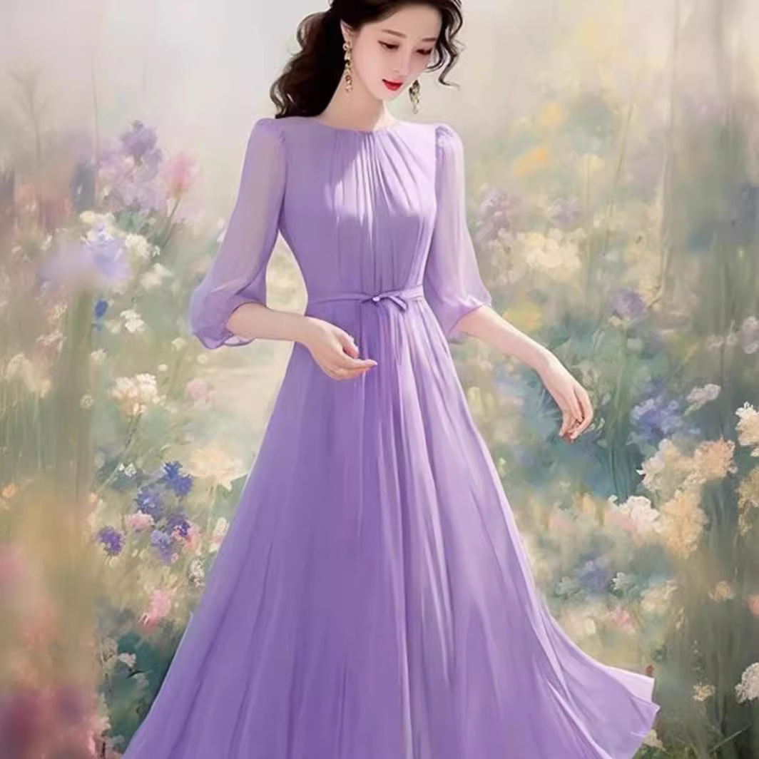 Váy liền voan tím phong cách Hepburn Pháp dáng dài thắt eo — Màu tím