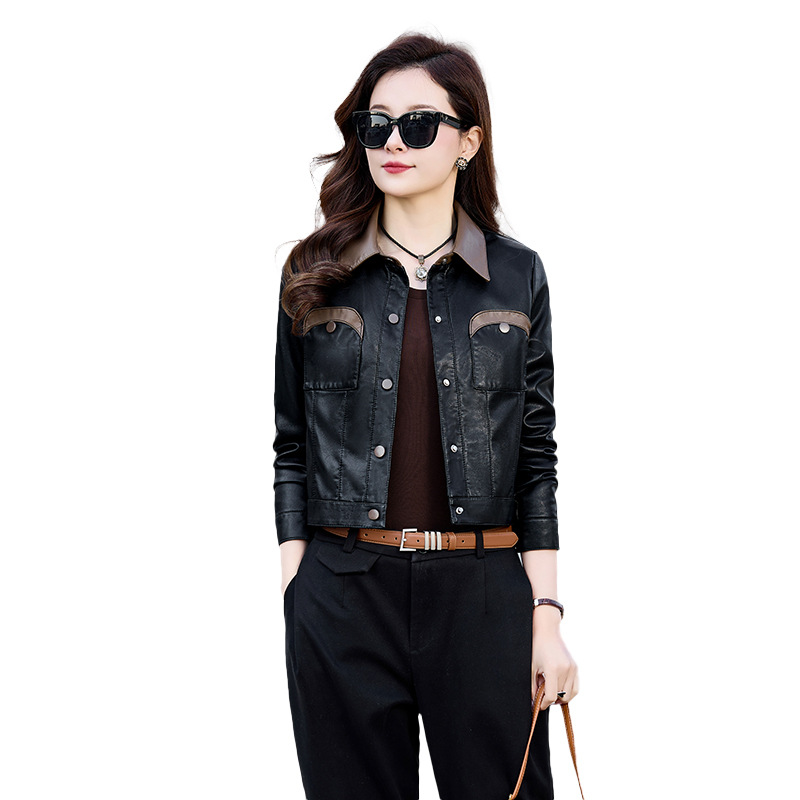 2024 spring new Korean style slim PU leather short coat bag cover crescent-shaped color matching women's leather coat WA8015