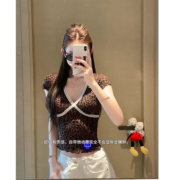 French Style Leopard Print Lace Wave Dot V-neck Short-sleeved T-shirt Women's Summer Pure Desire Spice Girl Style Slim-fit Short Top