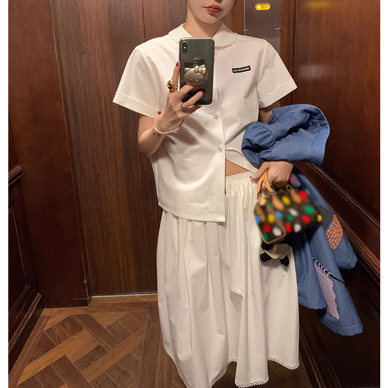 Foreign style wear two-piece set ~ miu department college lace lapel black label shoulder white short sleeve shirt suit